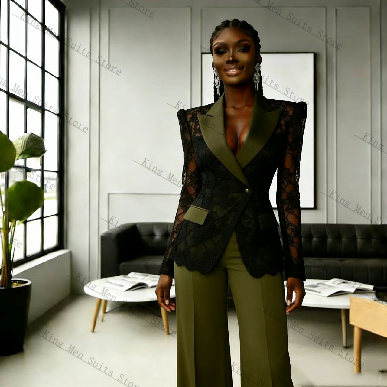 Women Formal Wear With Black Blazer - Conjunto Feminino de Renda Verde e