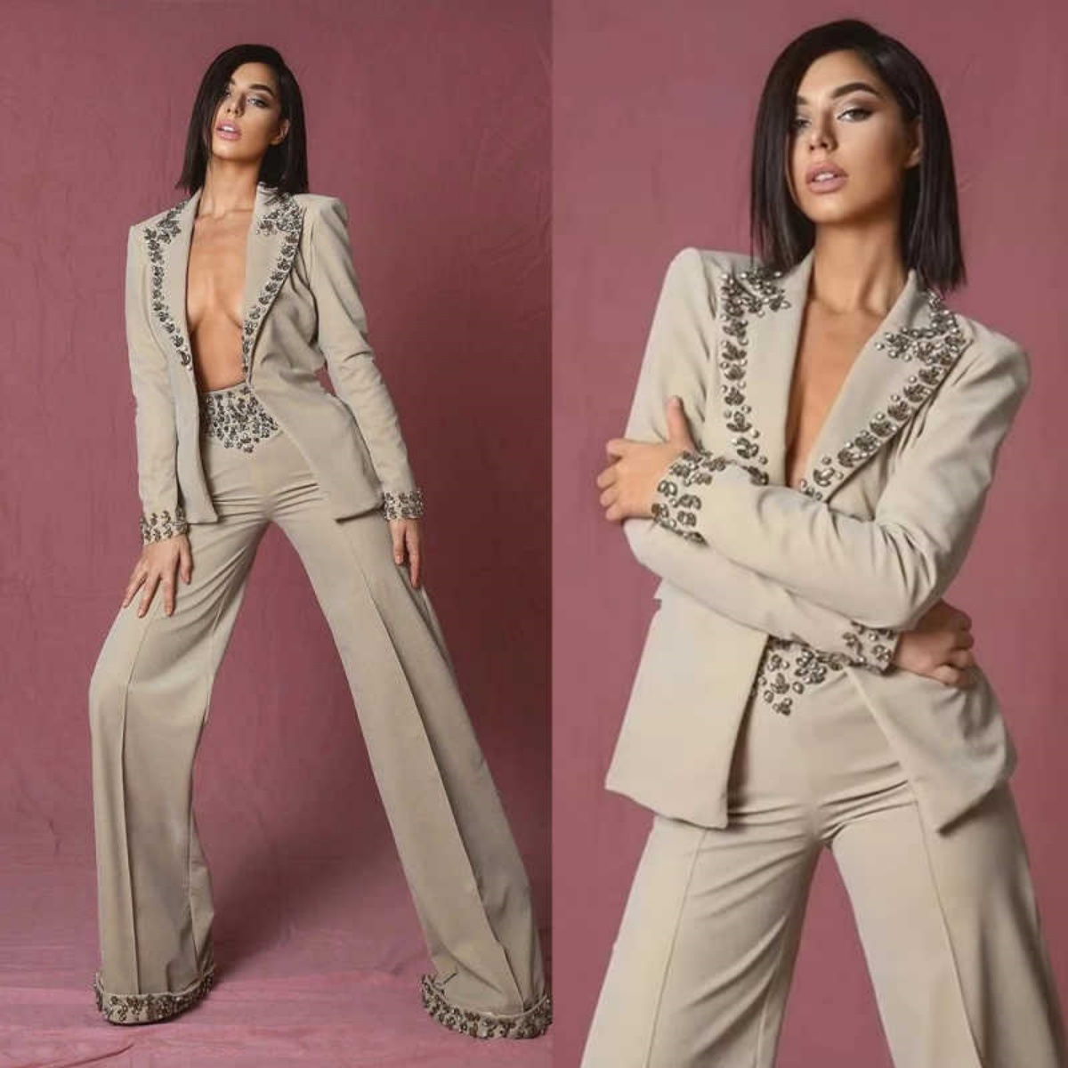 Women'S Formal Wear Jackets - Conjunto de Mulheres com Strass Incríveis,