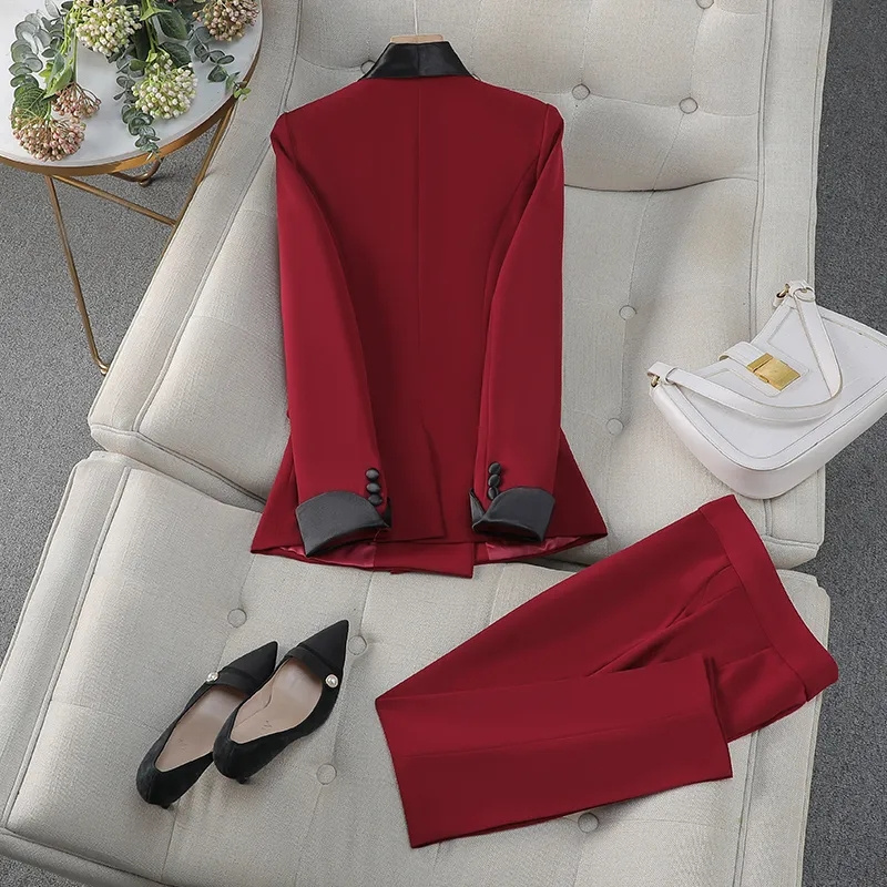 Women Formal Wear With Black Blazer - Elegante vermelho preto feminino calça terno